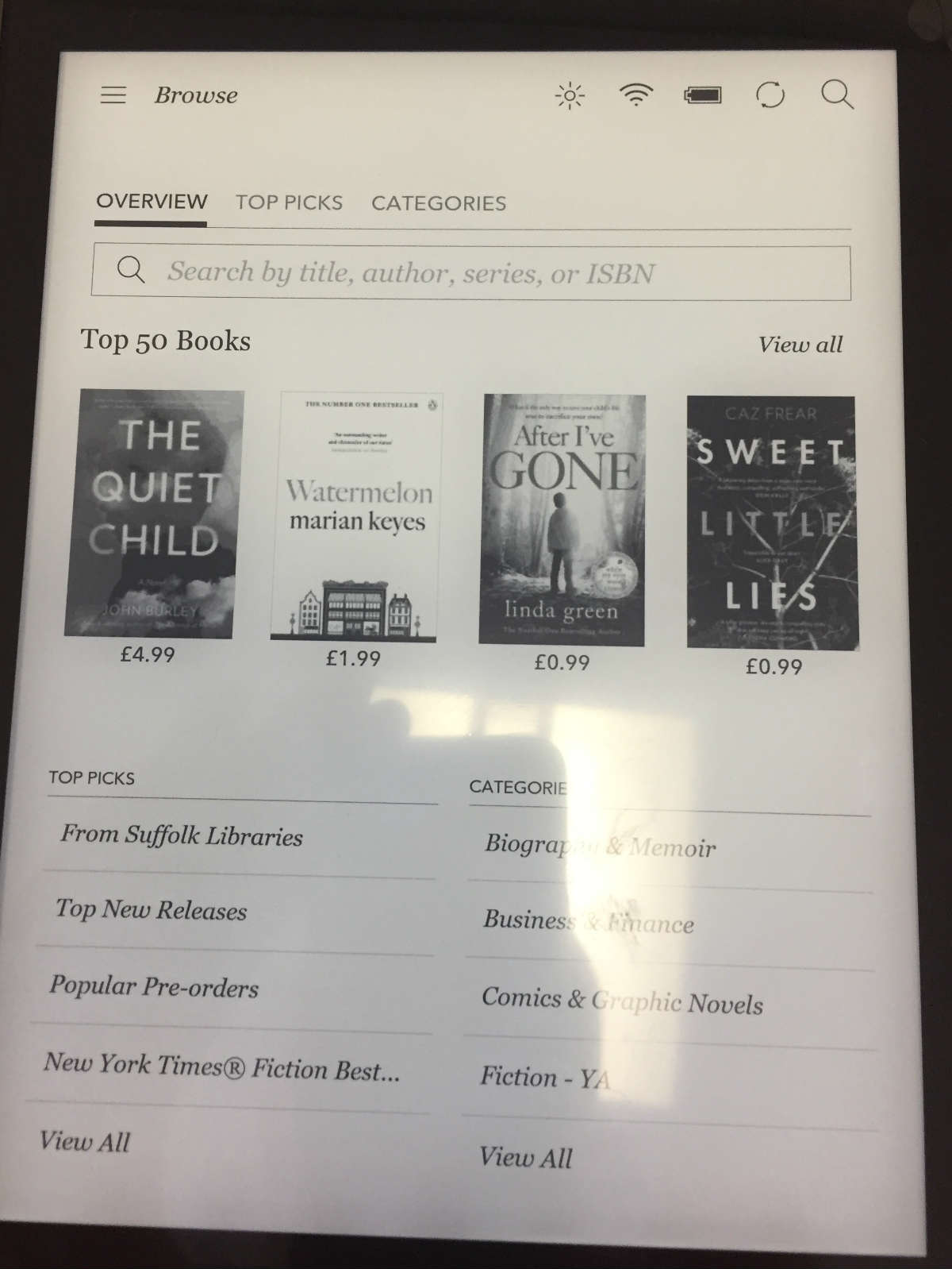 The Kobo Aura One ereader home page