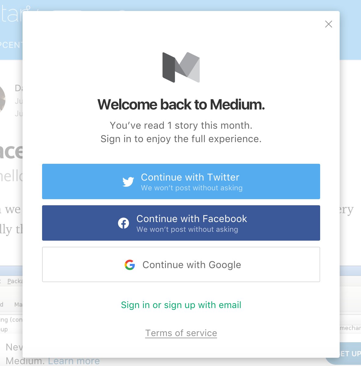 Medium asking you to login to view more pages